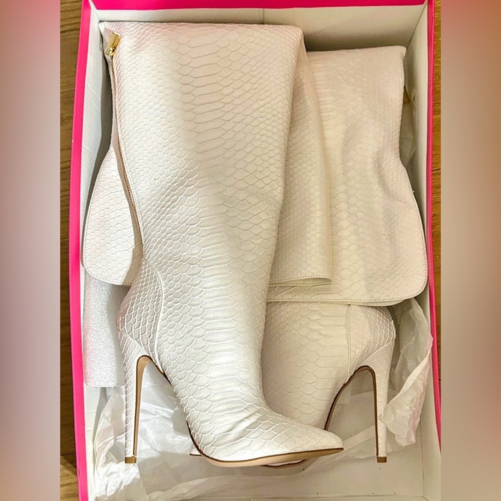 White Snakeskin Over-the-Knee Boots